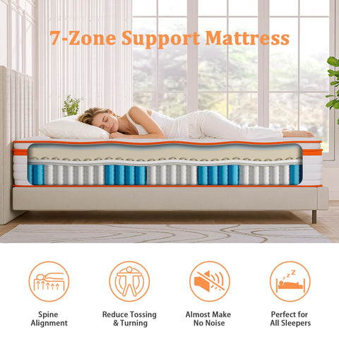 TeQsli 4FT Small Double Mattress, 10.6 Inch Memory Foam Pocket Sprung Hybrid Small Double Mattress Zone Support for Pressure & Back Pain Relief
