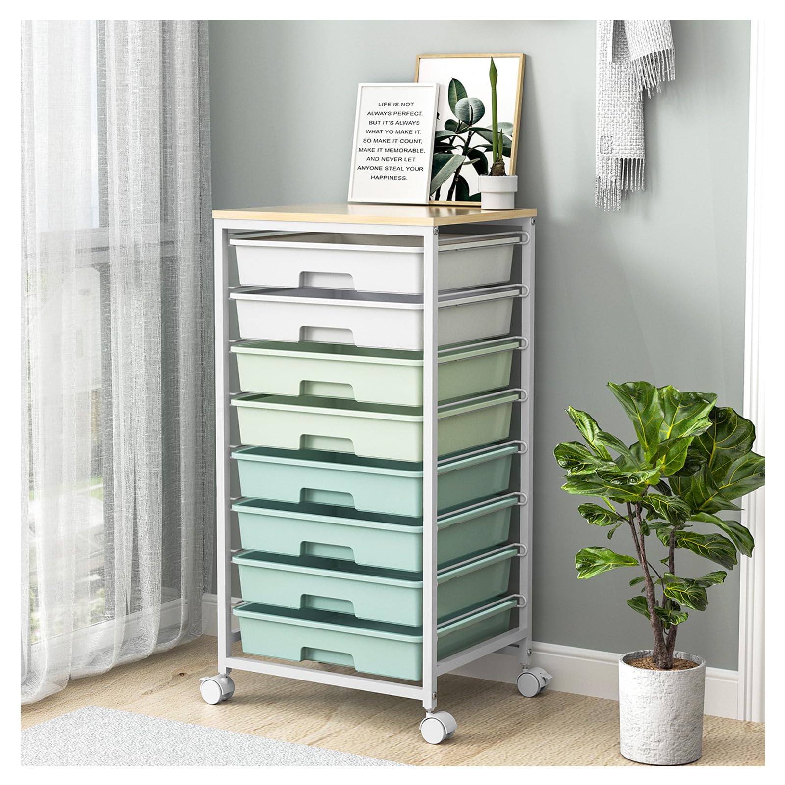 SYKIARIOL 8-Drawer Storage Trolley Rolling Cart with Lockable Wheels, Green