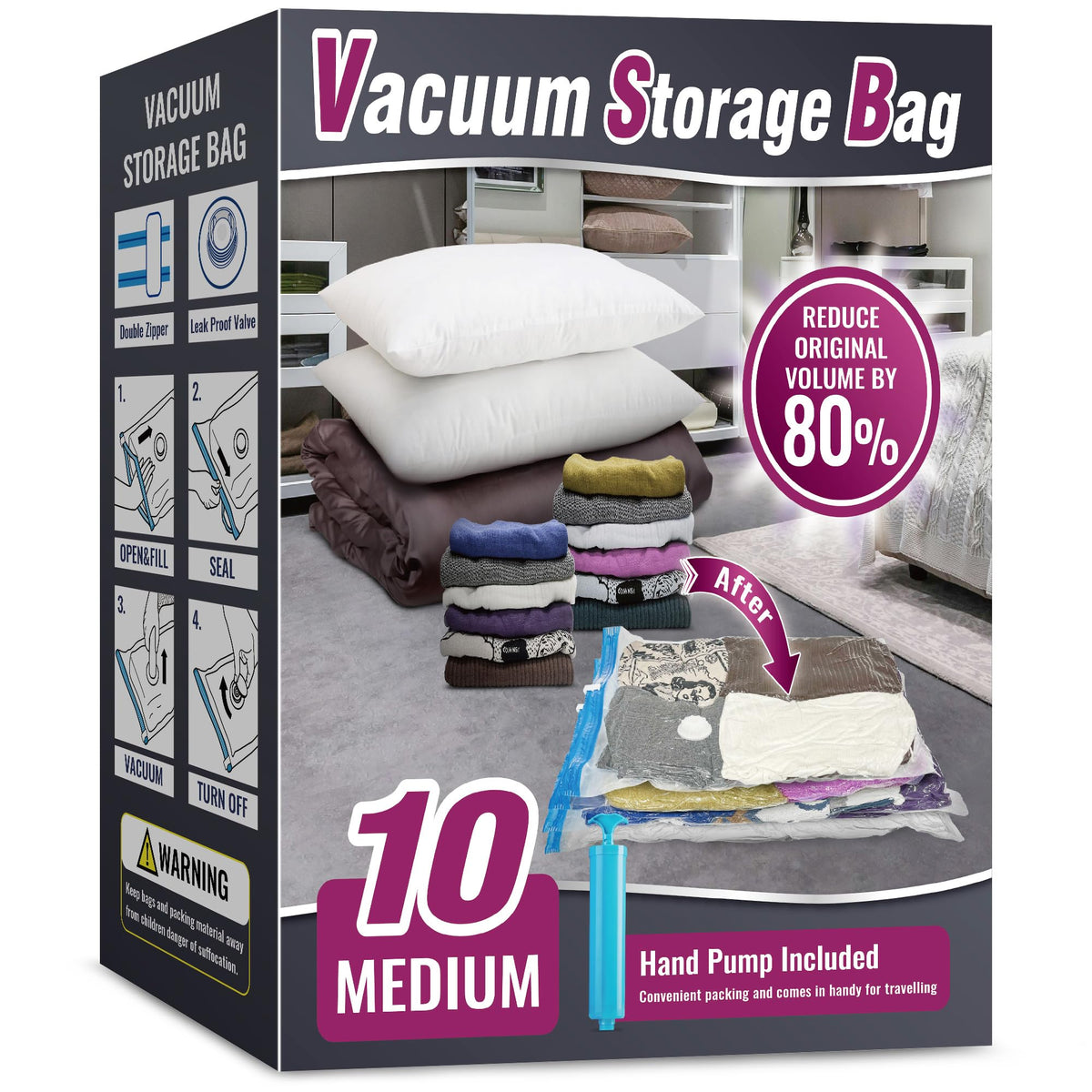 Oumaru Vacuum Storage Bags for Clothes, Vacuum Bags, Space Saver Bags for Clothes, Duvets and Pillows, Hand Pump Included, Pack of 10, Medium Size