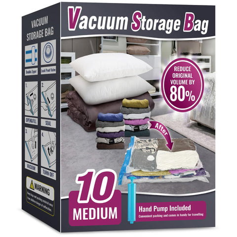 Oumaru Vacuum Storage Bags for Clothes, Vacuum Bags, Space Saver Bags for Clothes, Duvets and Pillows, Hand Pump Included, Pack of 10, Medium Size