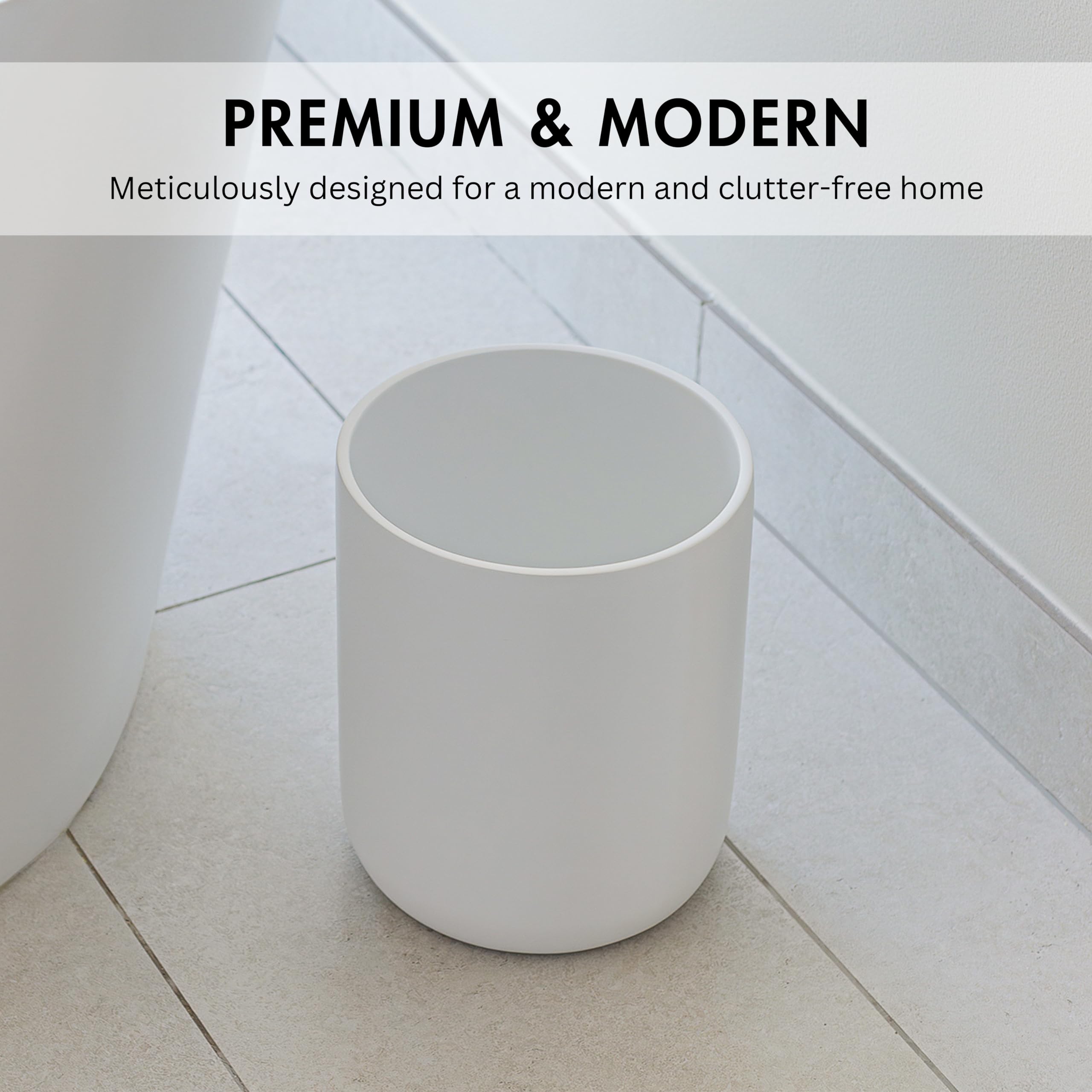 YEW DESIGN Matte White Round Compact Trash Can Mini, 2 Gallons / 7.5L Garbage Bin, Tiny Wastebasket for Bathrooms, Office, Under Desk, Bedroom