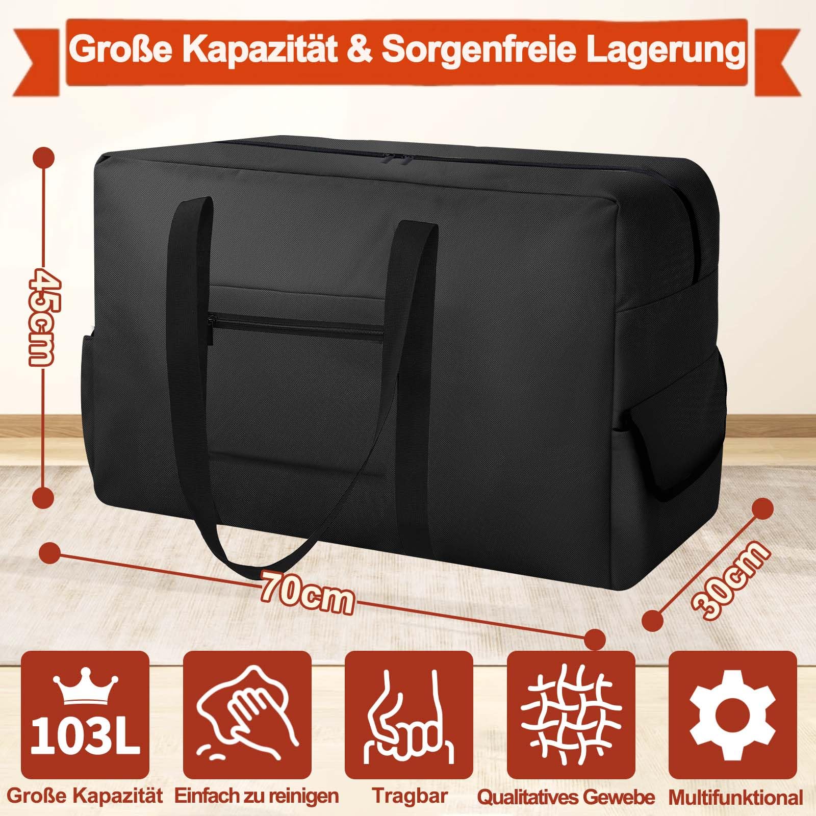 DSDCDJ Large Storage Bag, Heavy-Duty Moving Bags with Zips Handle, Black., 70x30x45cm, Nylon