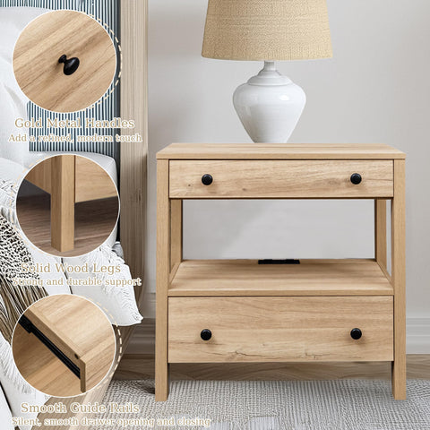 MINCETA Nightstand with Charging Station, Wood Storage End Table with 2 Drawers & Open Shelf