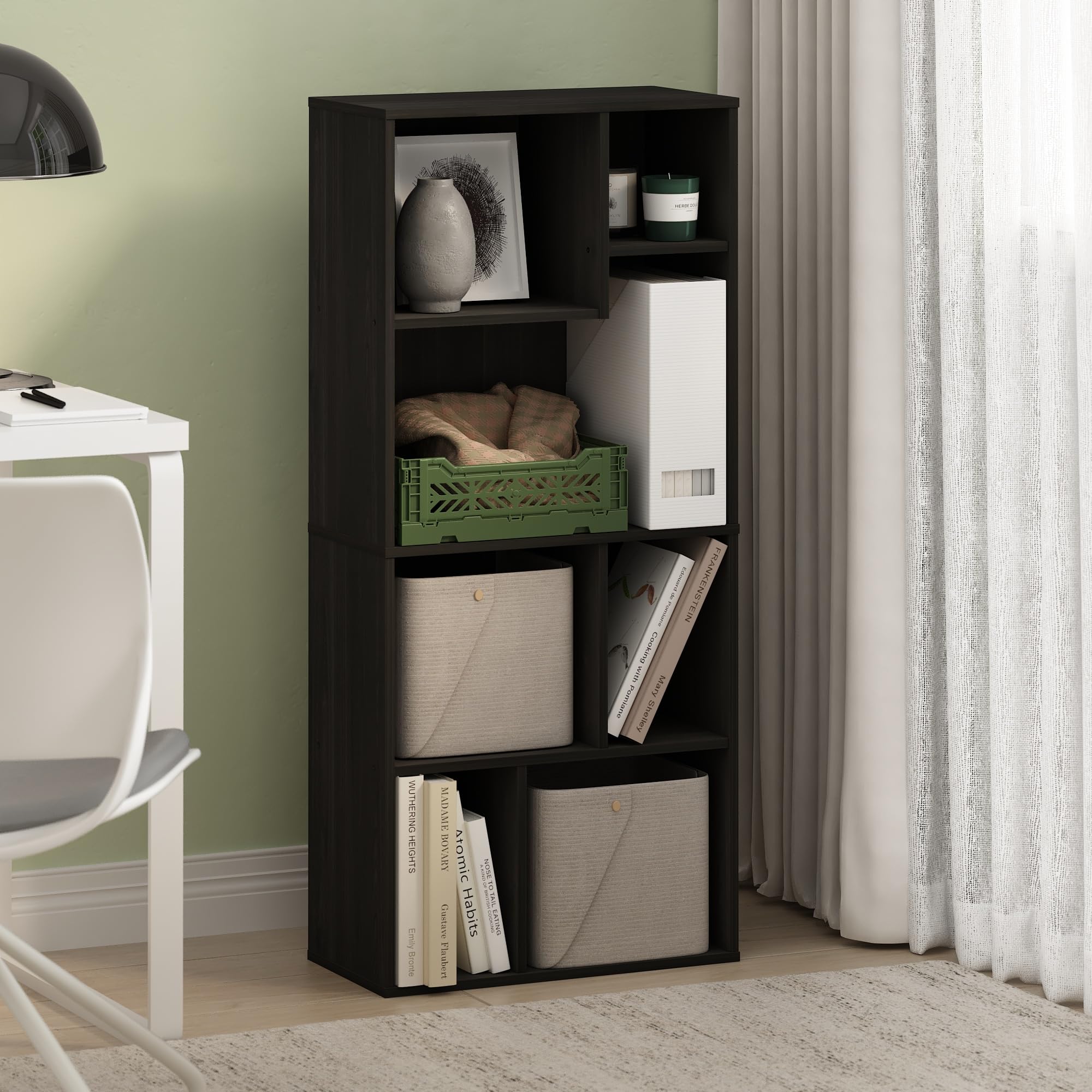 Furinno DALY Book Shelf, 7-Cube Bookshelf, Cube Storage Organizer Bookcase with Irregular Compartments, 9.4 x 18.9 x 42.1, for Living Room, Bedroom