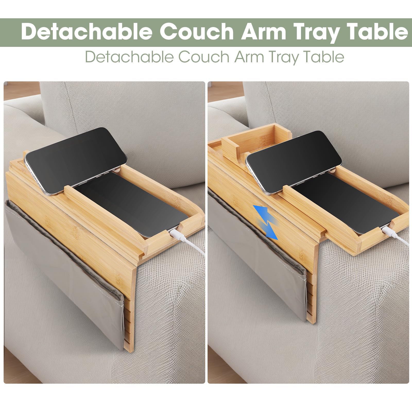 Bamboo Sofa Arm Tray, Foldable Couch Tray Wooden Armrest T-ray, Non-Slip Armrest Organizer, Sofa Side Table with Detachable T-ray