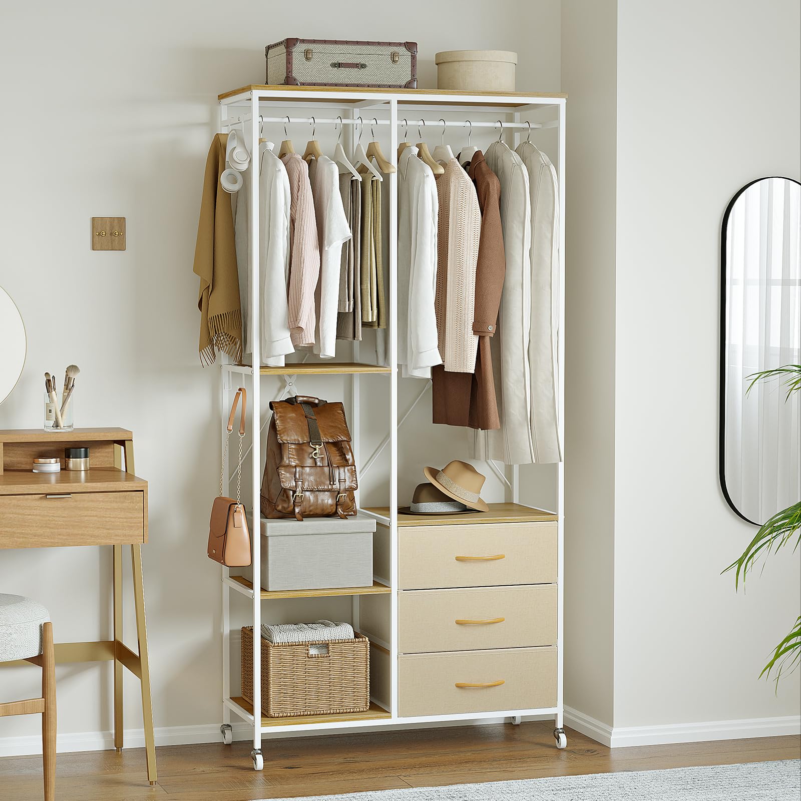 Mintnook Heavy Duty Clothing Rail，Wardrobe with 3 Drawers，Beige