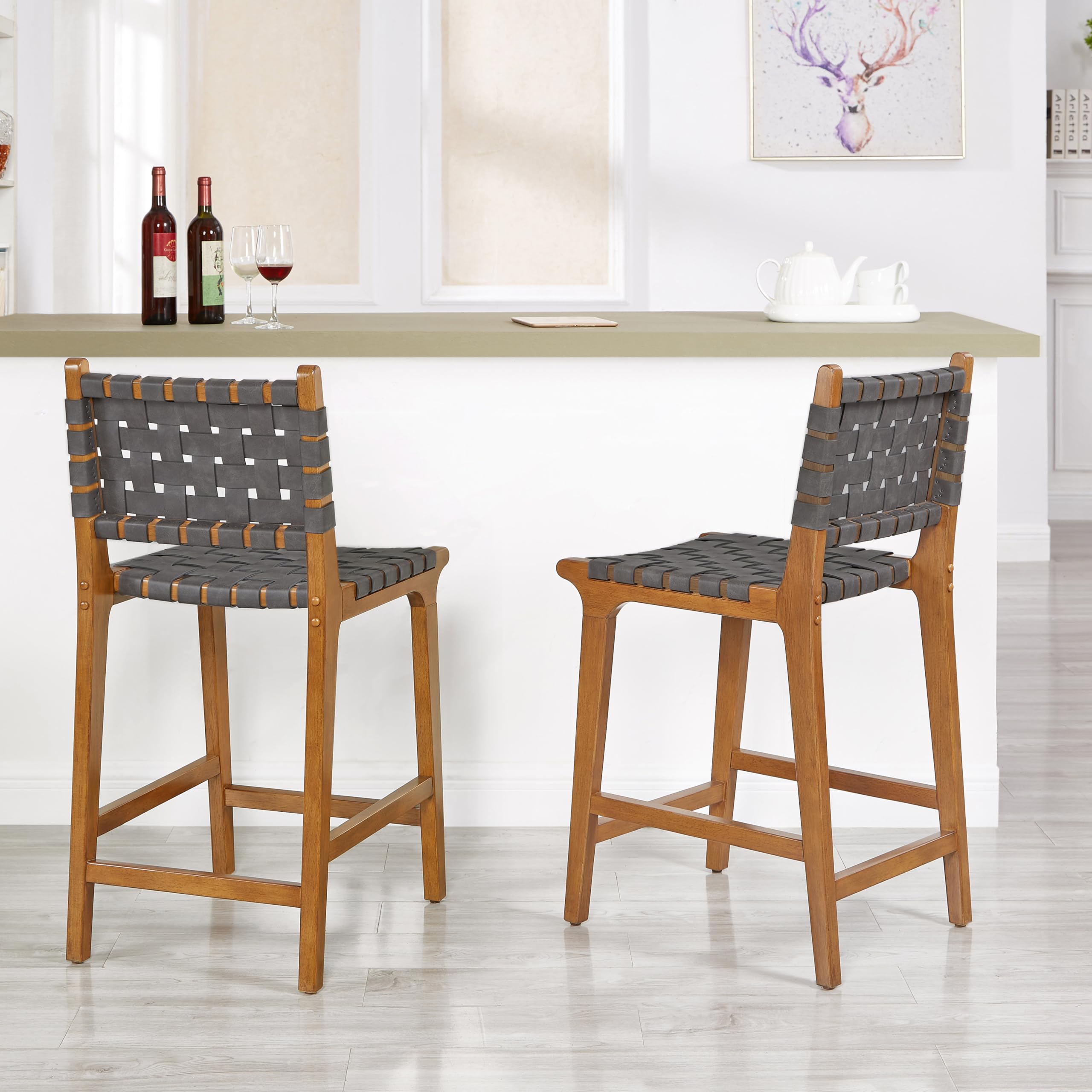 Ball & Cast Woven Counter Stool Kitchen Counter Height Barstool Backrest Wooden Weave Stool, Dark Grey Faux Leather
