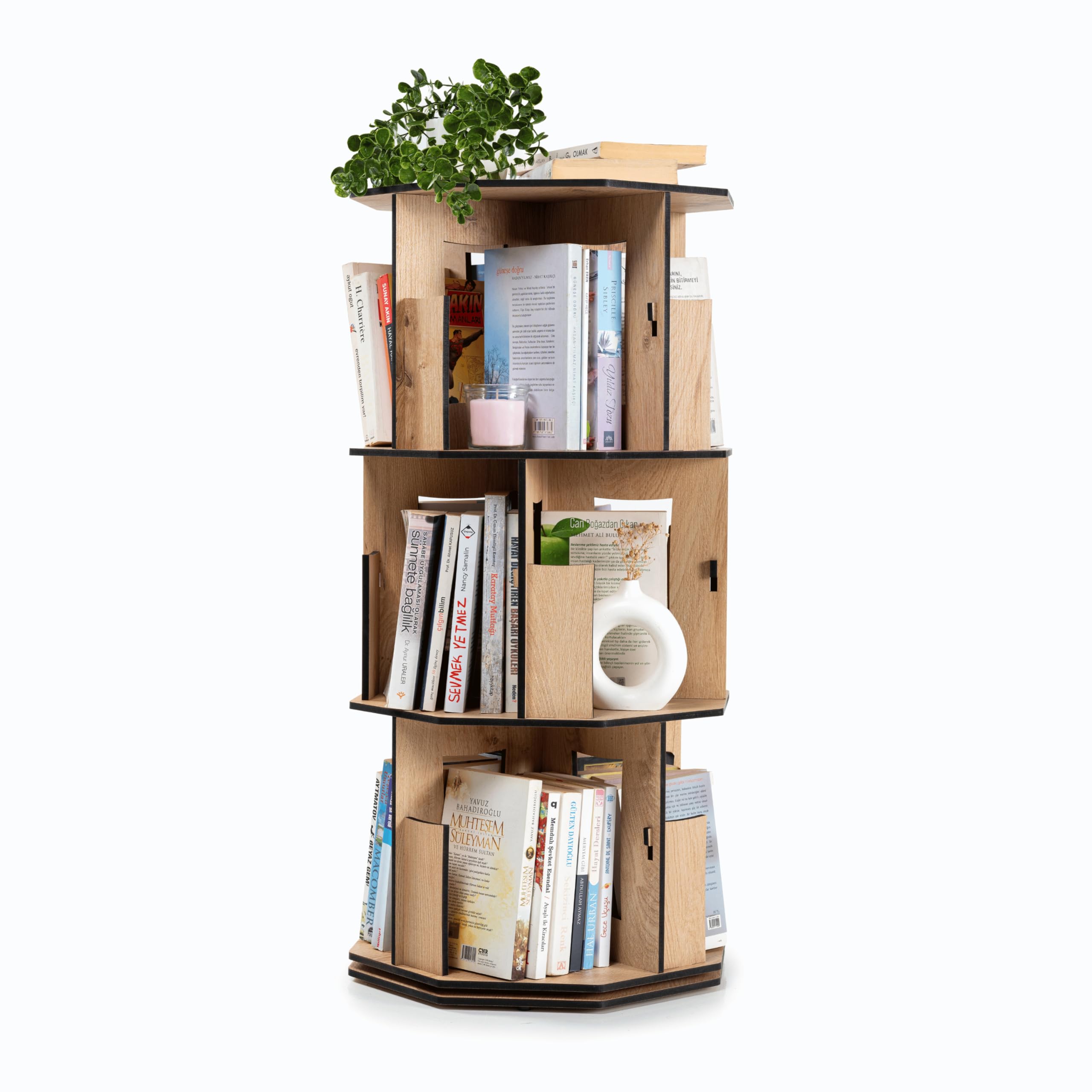 vigowood Corner Shelf Kids Bookshelf, Rotating Book Shelf for Kids Rooms – Space-Saving Wooden Storage Organizer for Books and Toys (Oak, 3 Tier)