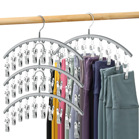 Volnamal Leggings Organiser, Metal Yoga Pants Hangers with Rubber Coating, 4 Pack 10 Clips for 40 Leggings Space Saving Hanging Closet Organizer Grey