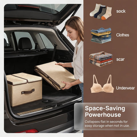Joyseedi 2 Pack Fabric Storage Boxes with Lids & Handles, Foldable Oxford Cloth Clothes Organiser Double Flip-top Design with PP Frame for Storing