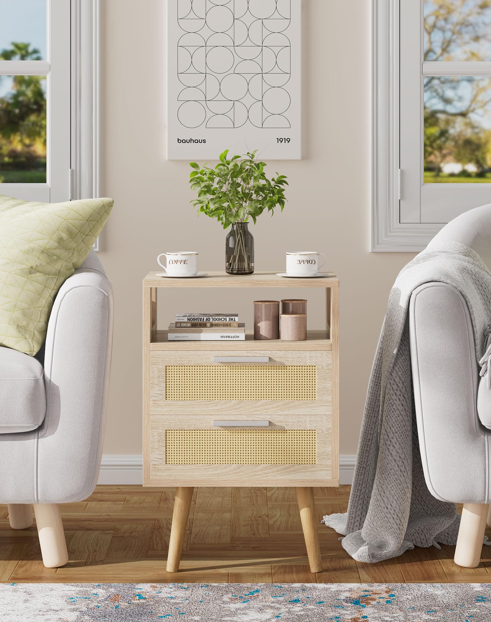 YMYNY Nightstand with 2 Drawers, Boho Side Table, Handmade Rattan Decorated, Open Shelf Unit with Arched Design, Solid Wood Legs