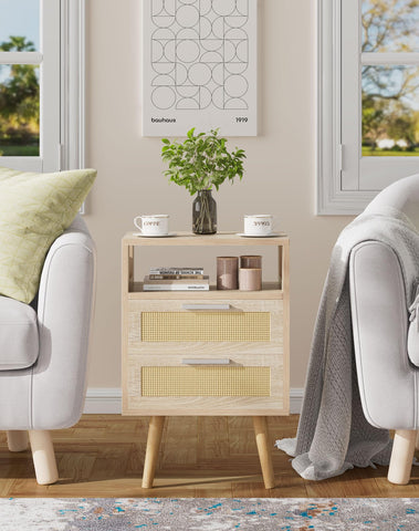 YMYNY Nightstand with 2 Drawers, Boho Side Table, Handmade Rattan Decorated, Open Shelf Unit with Arched Design, Solid Wood Legs