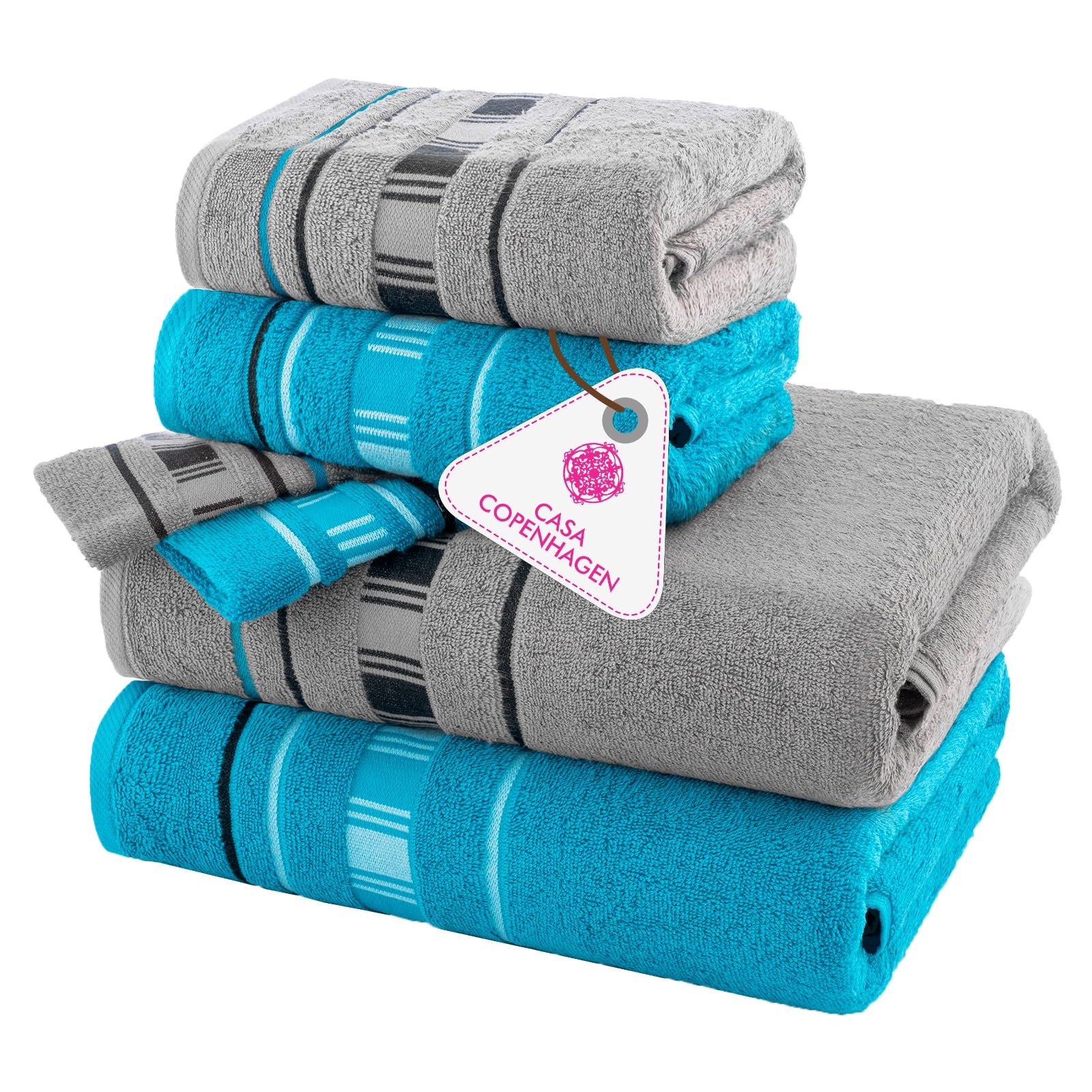 CASA COPENHAGEN X Lines towel made from 600 gsm Egyptian cotton for hotel, spa, kitchen and bathroom, 6-piece set with 2 bath towels, 2 hand towels