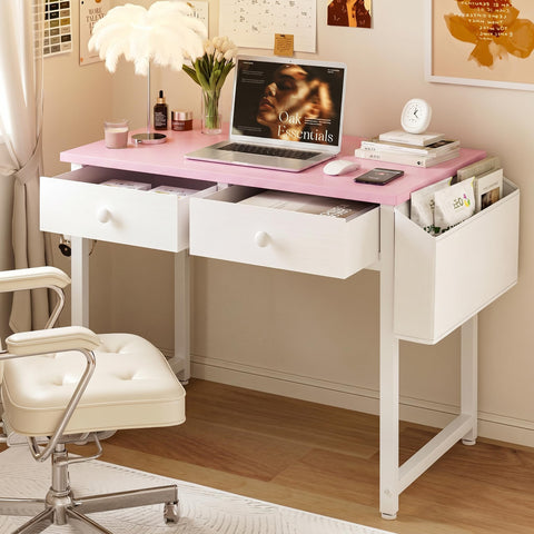 Grandder Small Computer Desk with 2 Fabric Drawers, 80 x 40 cm Home Office Desk with Storage Bags and Drawers