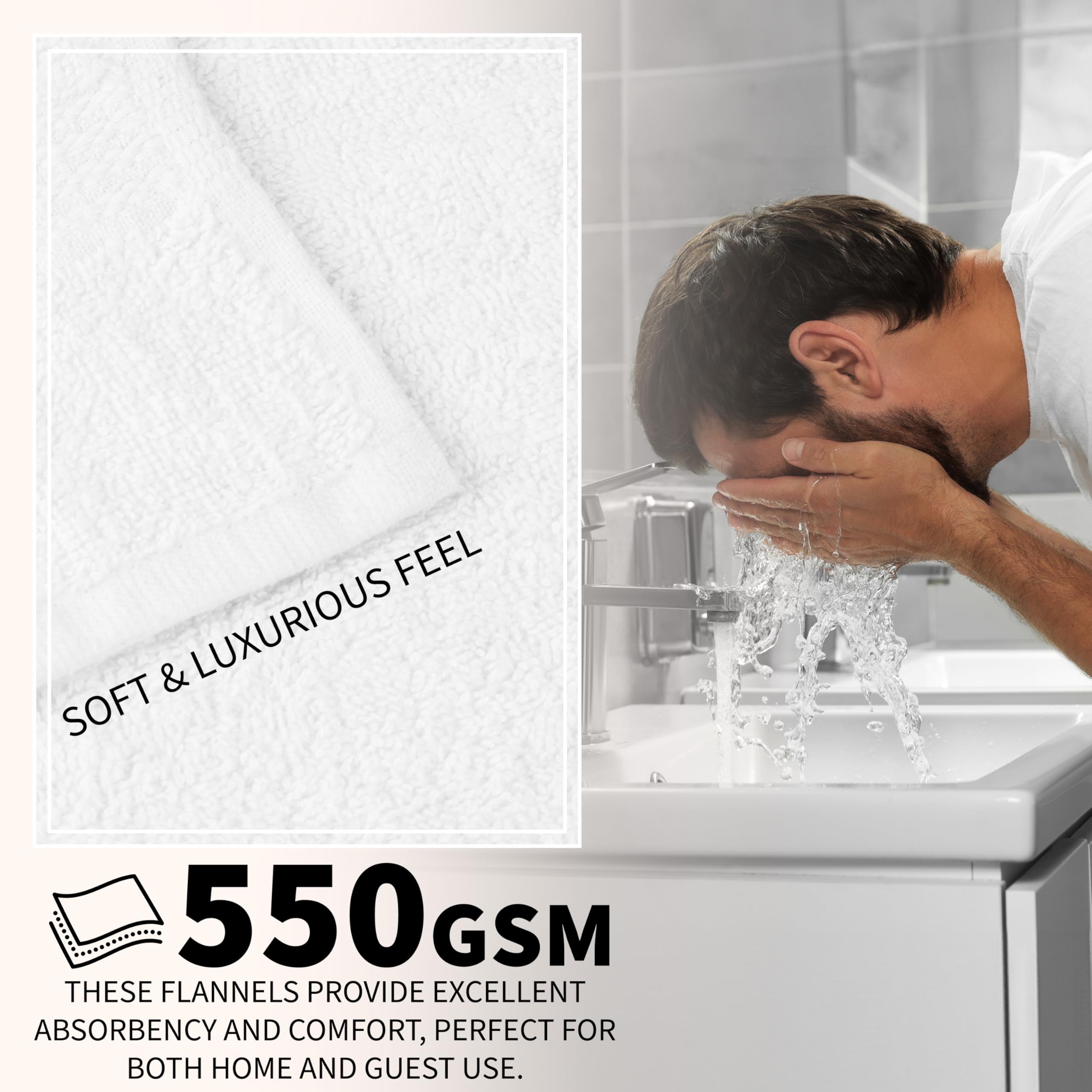 CityComfort Flannels Pack of 12 Face Towels 100% Cotton 550 GSM 30x30cm Highly Absorbent Soft Wash Cloth Household Essentials (White - 12 Pack)