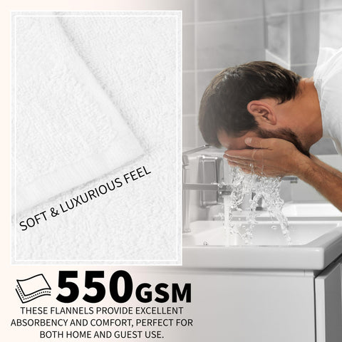 CityComfort Flannels Pack of 12 Face Towels 100% Cotton 550 GSM 30x30cm Highly Absorbent Soft Wash Cloth Household Essentials (White - 12 Pack)