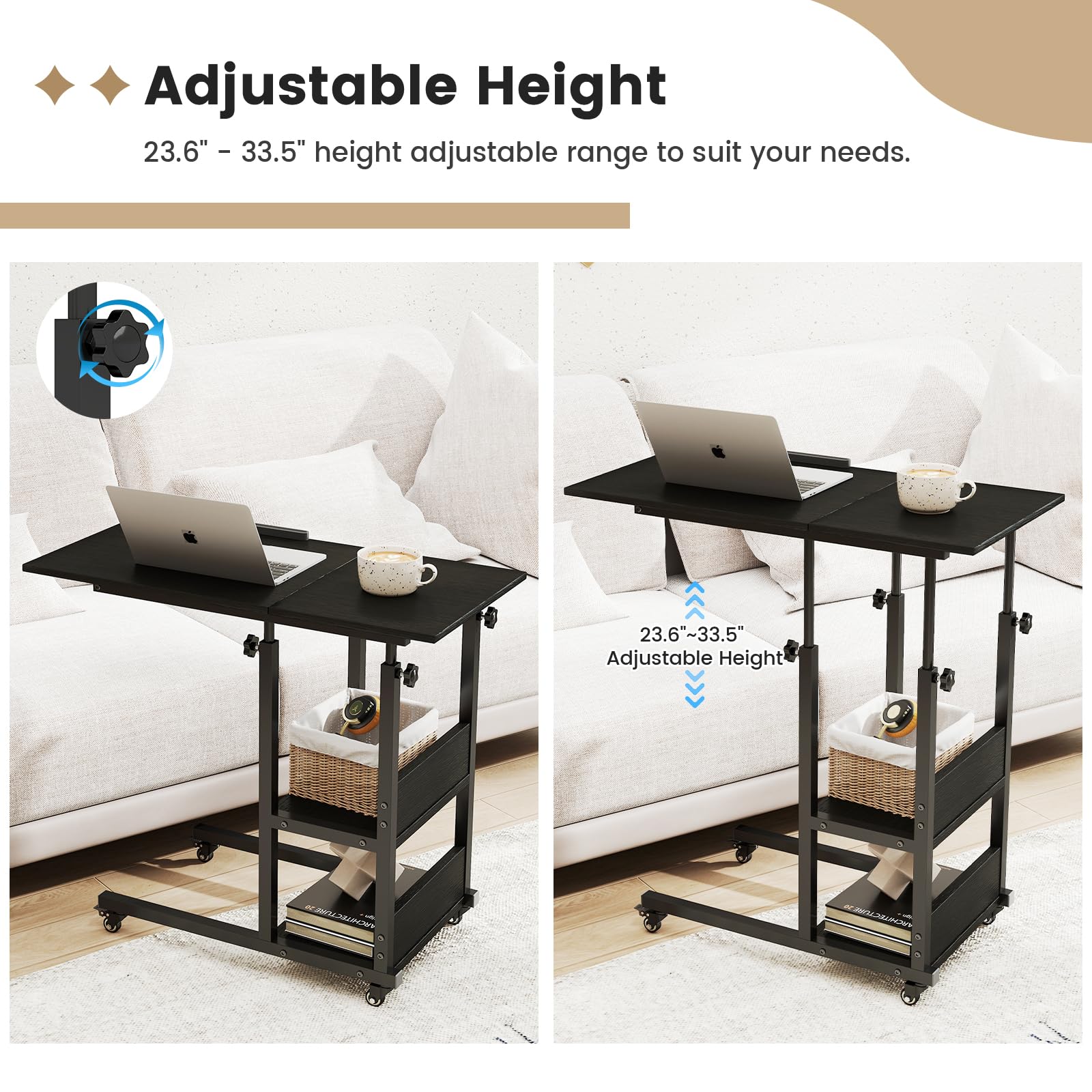 Hadulcet c shaped side table, sofa table with Charging Station, Adjustable Height, c table end table with Storage Space for Living Room, Bedroom