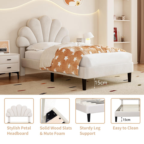 Merax 3ft Single Upholstered Bed Frame, Velvet Petal Headboard, Adjustable, Solid Wood Slats, No Box Spring Needed, Easy Assembly, Beige