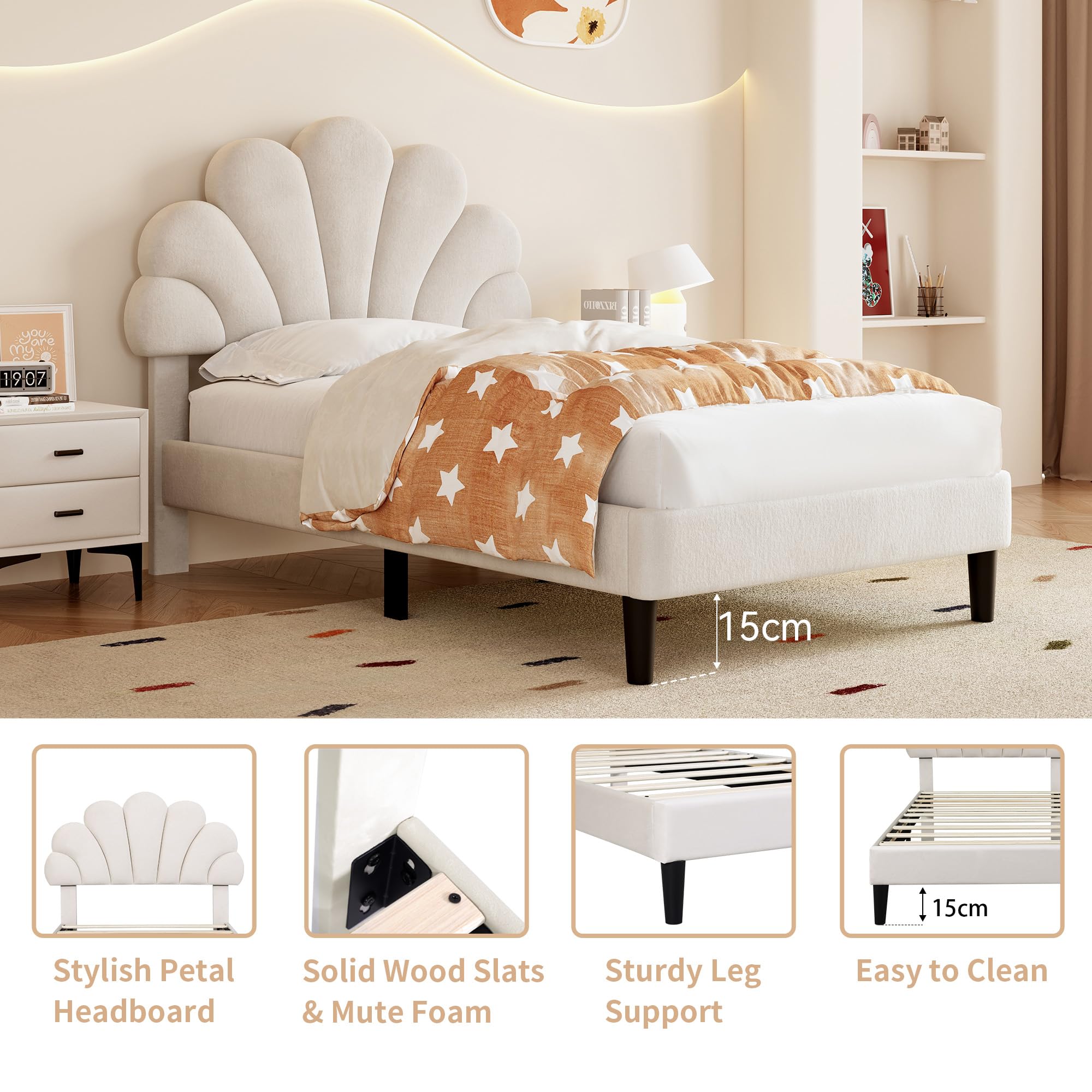 Merax Single bed frame, 3ft Single Upholstered Bed, Adjustable Chic Petal Headboard, Sturdy Wooden Slat Support, Velvet Fabric (No Mattress)