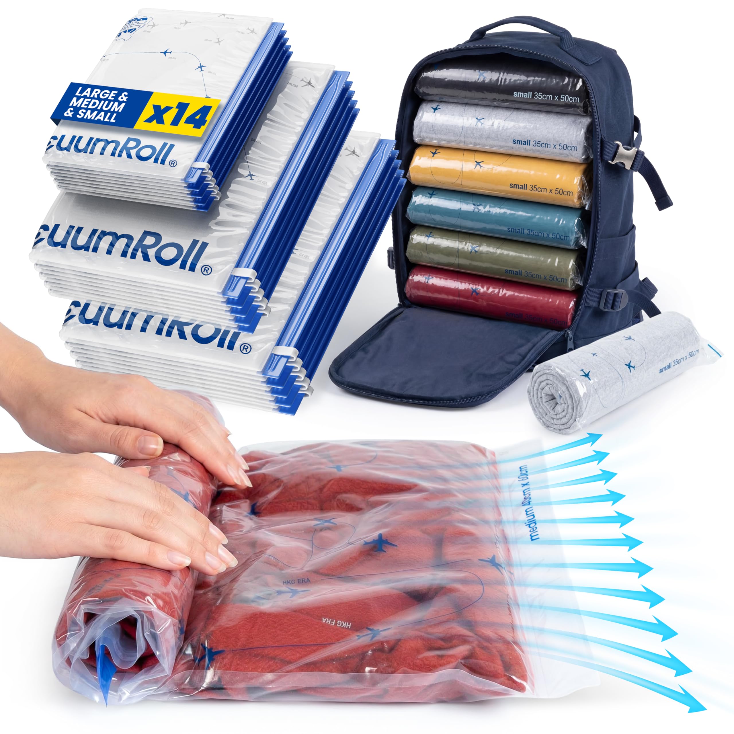 myHodo Vacuum Compression Bags for Rolling (14 Pieces) - Versatile Travel Bags for Suitcase & Backpack, Reusable Storage Solution, Durable & Hygienic