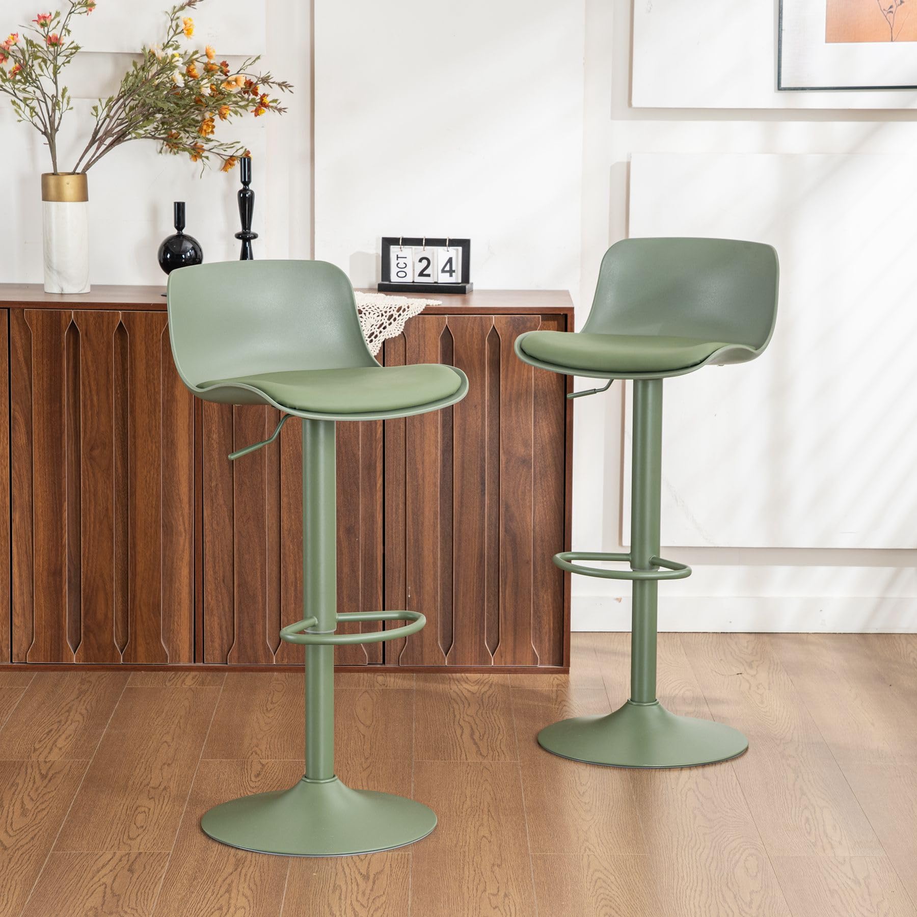 YOUNIKE Bar Stools Olive Set of 2 Modern PU Leather Counter Height Barstools, Sage Green Padded Adjustable Swivel High Chairs with Low Back for
