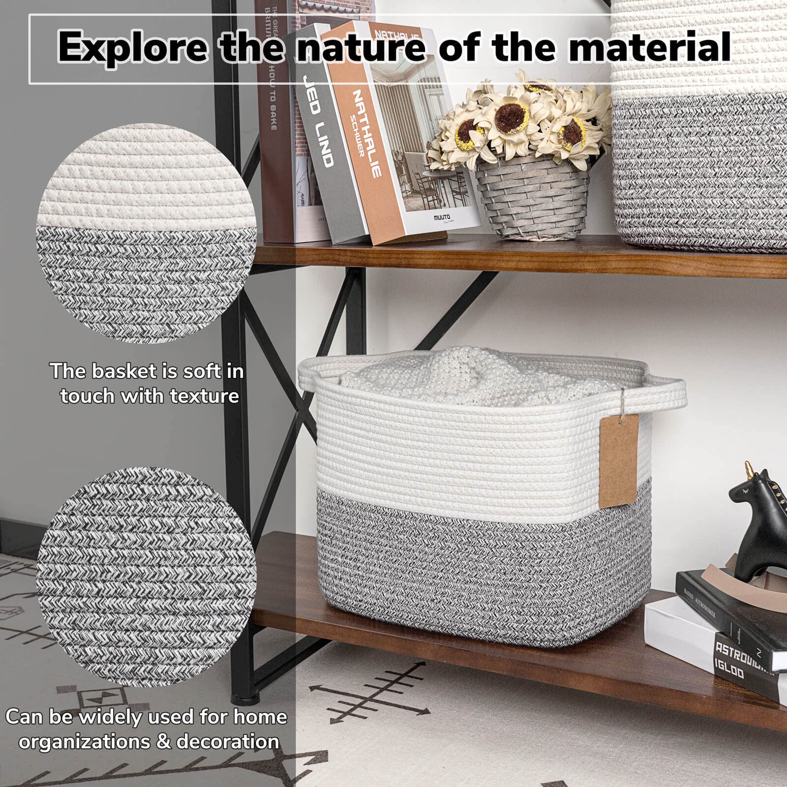 TIMEYARD Cotton Rope Storage Basket Woven Shelf Basket Grey