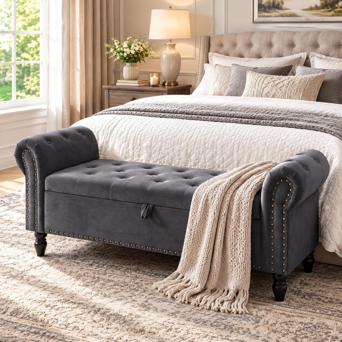 Clevich Ottoman Storage Bench, Velvet End of Bed Storage Box with Lid, Sturdy Wood Legs Footrest, 168KG Load Capacity