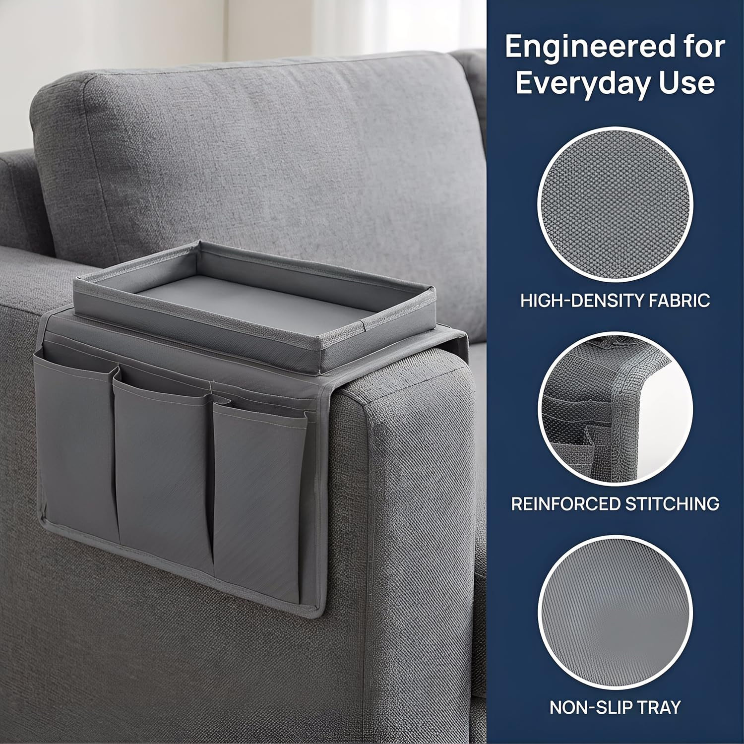 SIXHAOBU Sofa Armrest Organizer with Tray, Versatile Armchair Tray Waterproof Sofa Arm Chair Table Holder Non-Slip Armrest Organiser with 4 Bags for