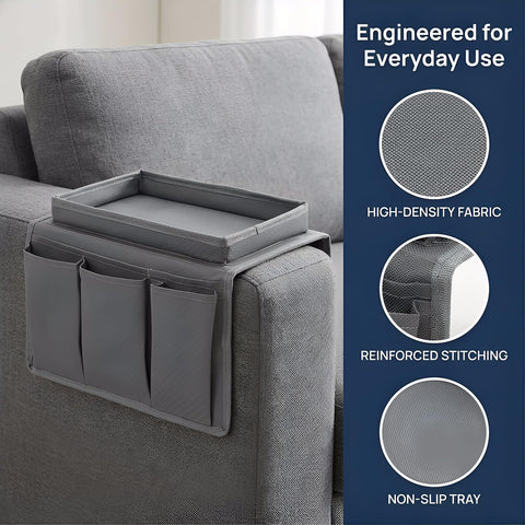 SIXHAOBU Sofa Armrest Organizer with Tray, Versatile Armchair Tray Waterproof Sofa Arm Chair Table Holder Non-Slip Armrest Organiser with 4 Bags for