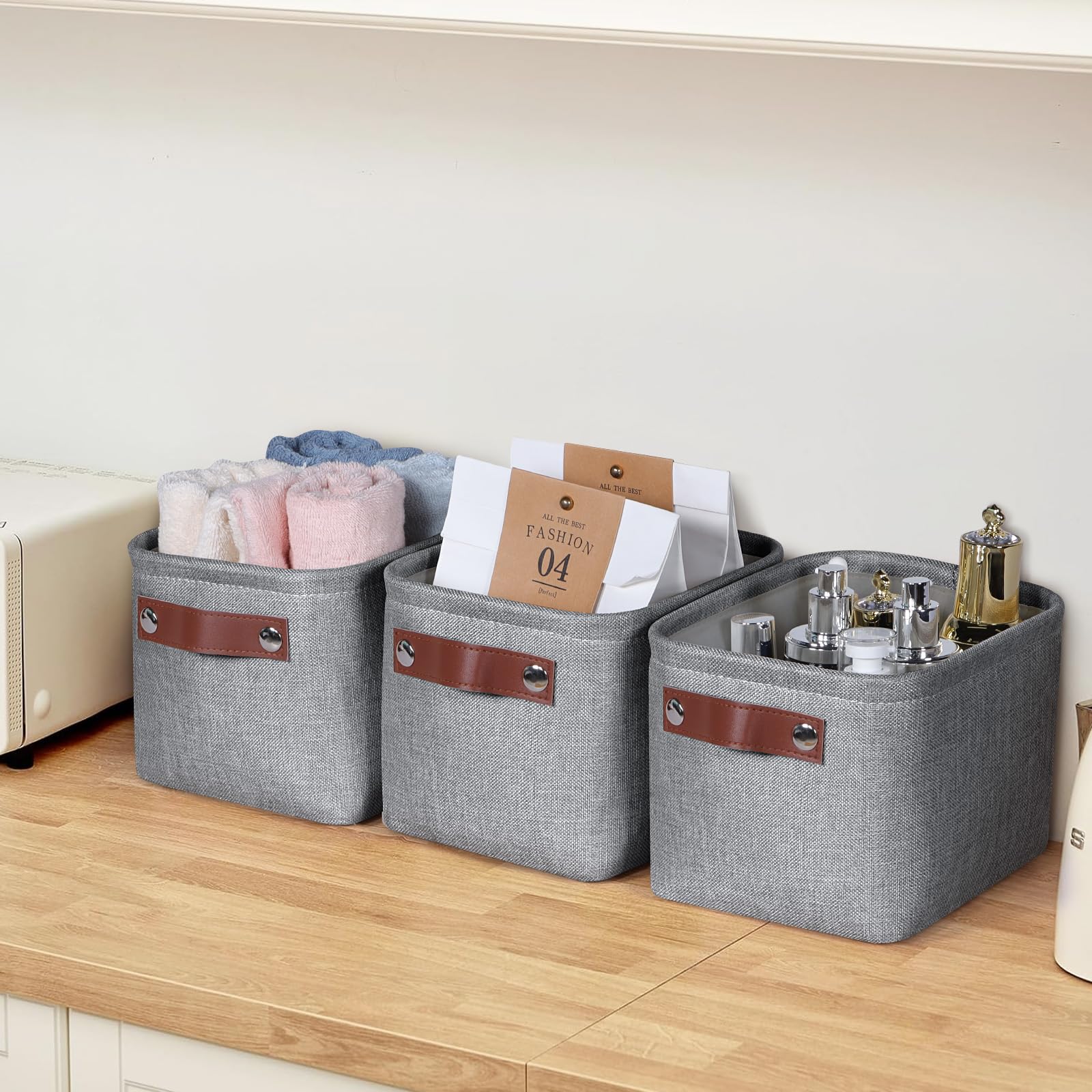 Syeeiex Small Storage Baskets for Shelves with Leather Handle, 4 Pack