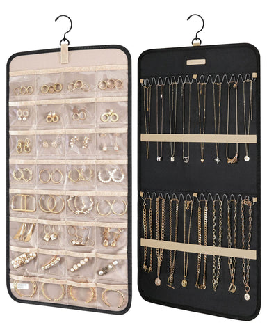 bagsmart Dual-sided Jewelry Organizer Hanging with Metal Hooks,32 Pockets and 3 Wave-Shaped Hooks,Jewelry Roll for Earrings,Necklaces,Rings on