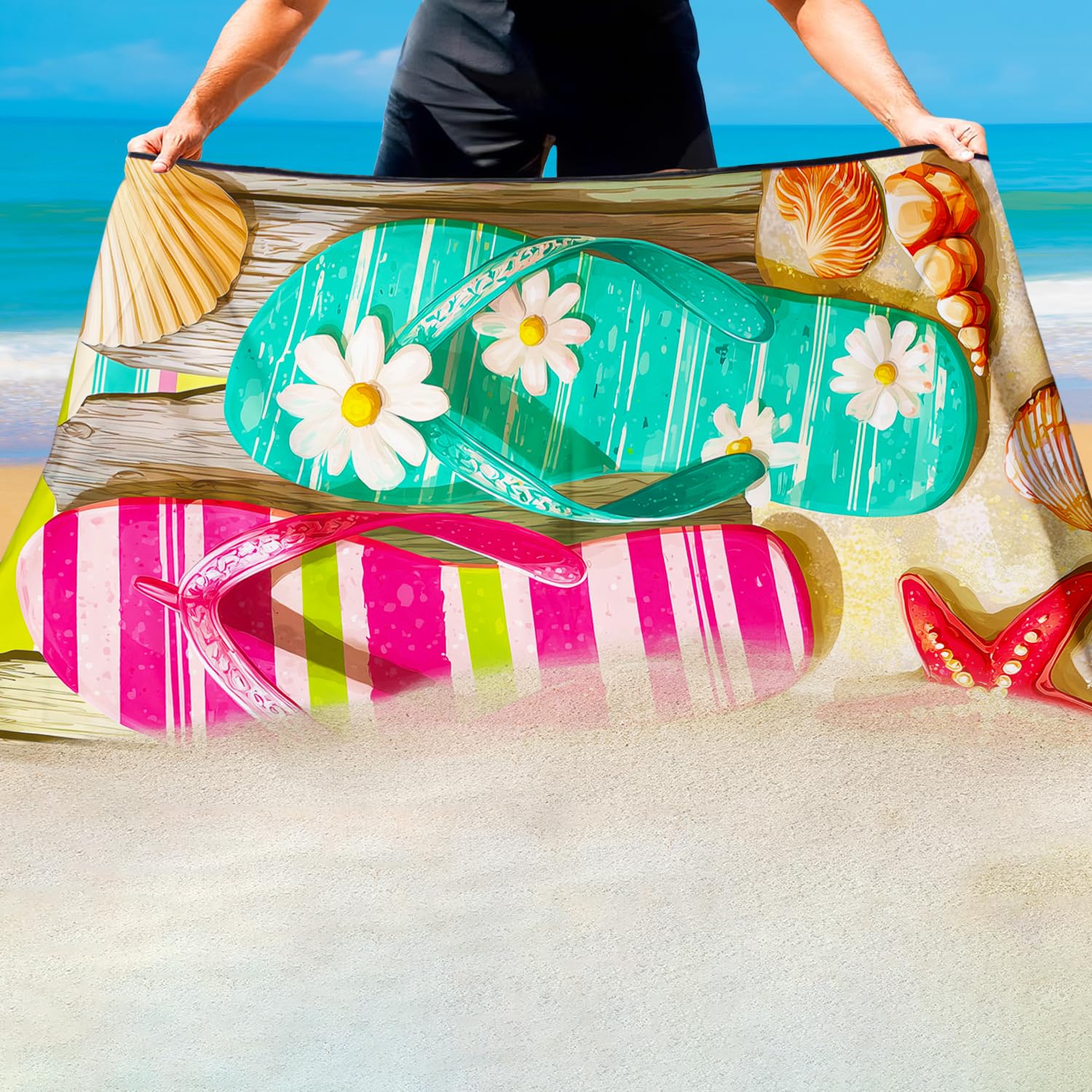 Violetpos Flip Flop & Starfish Beach Towel, Extra Large 180x90 cm 250GSM Microfibre, Sand Free Quick Dry