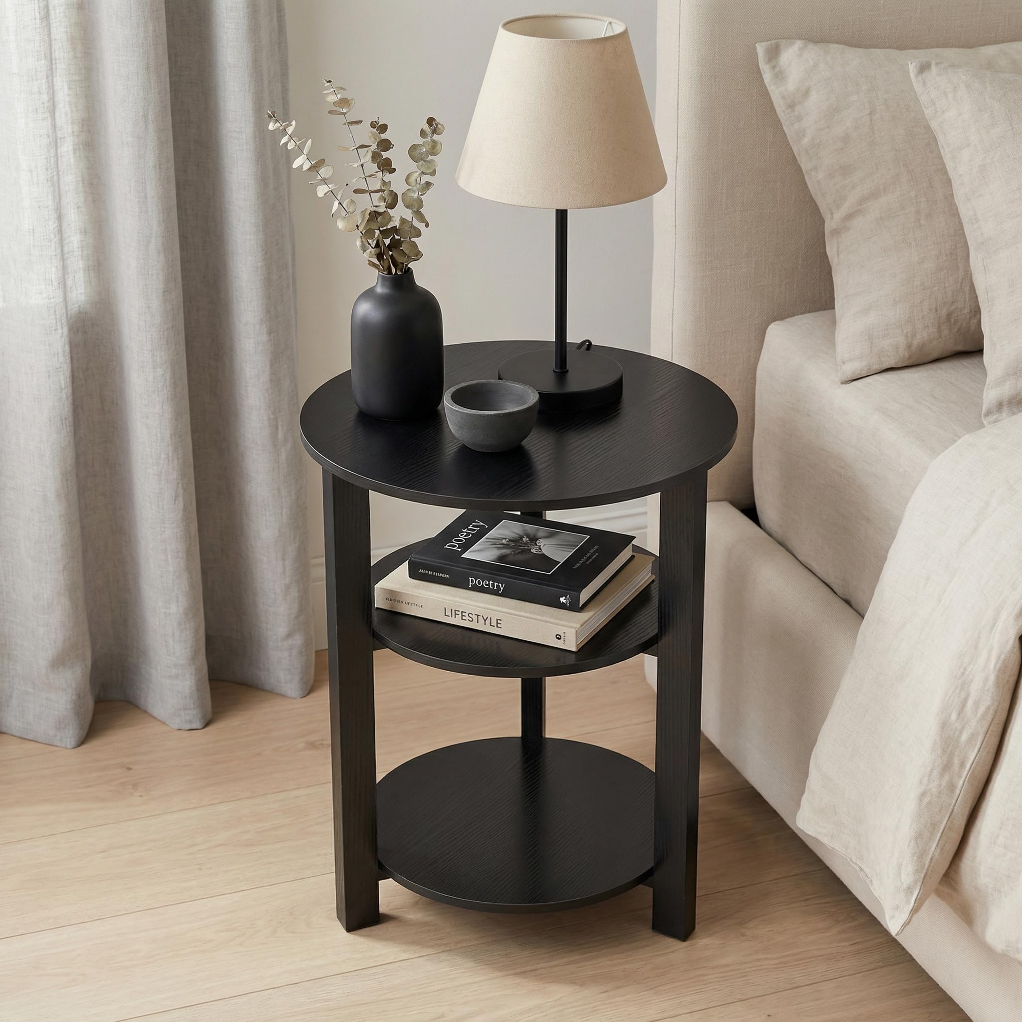 Farmhouse 3-Tier Round Side Table, 45 * 55 End Table with Open Storage,Modern Couch Accent Table Circular Nightatand for Living