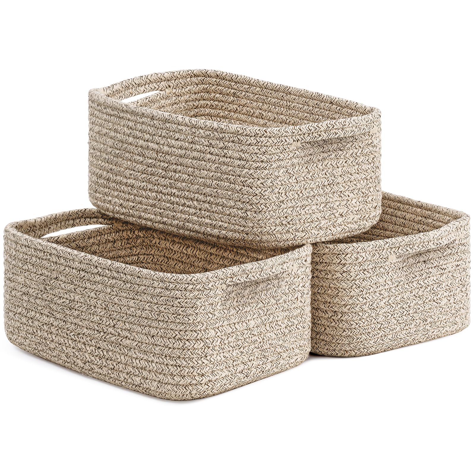 TIMEYARD 3 Pack Small Woven Rope Shelf Basket Storage Basket White Brown