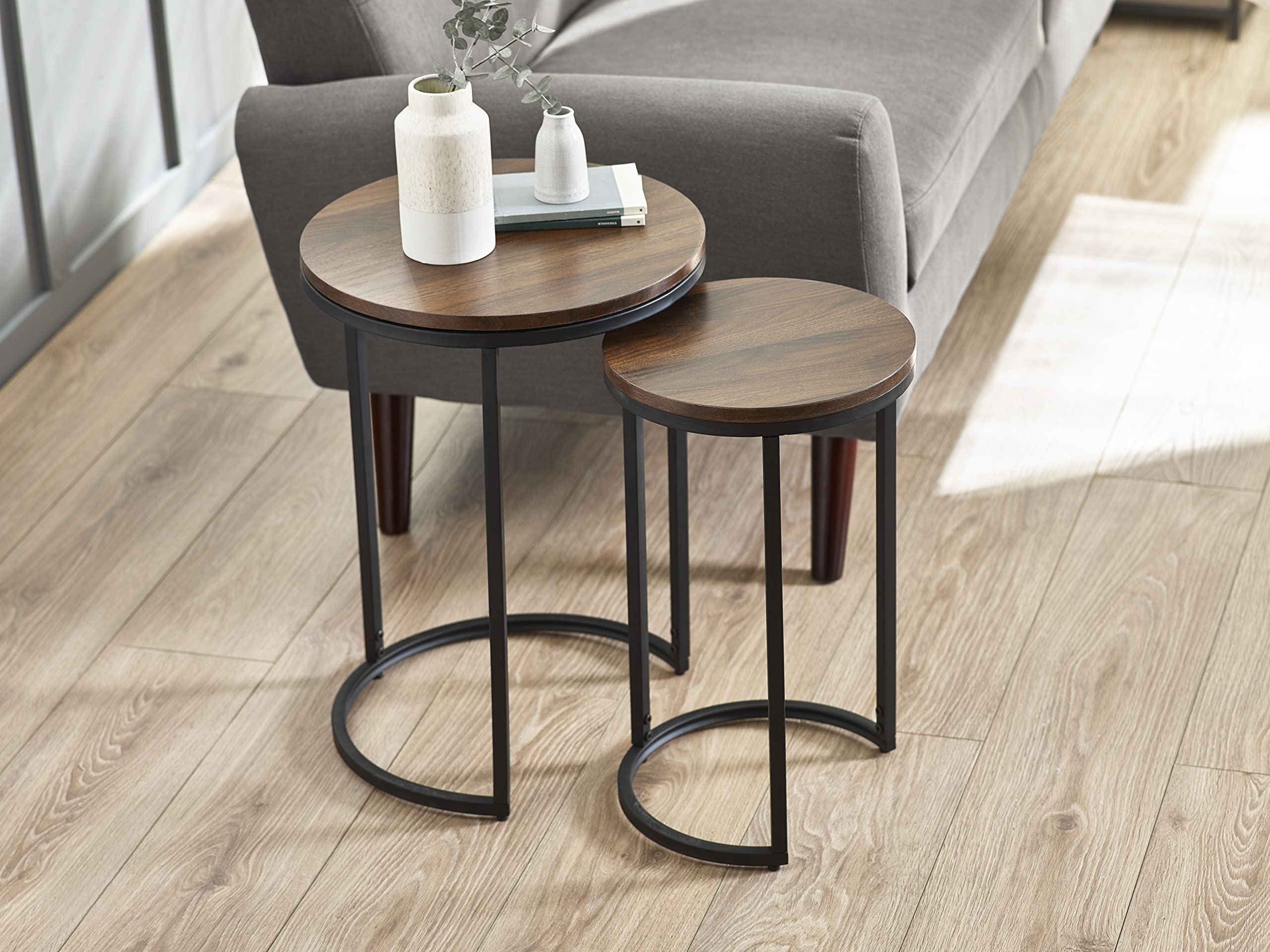 Julian Bowen Tribeca Round Nesting Side Tables, Walnut Effect/Black