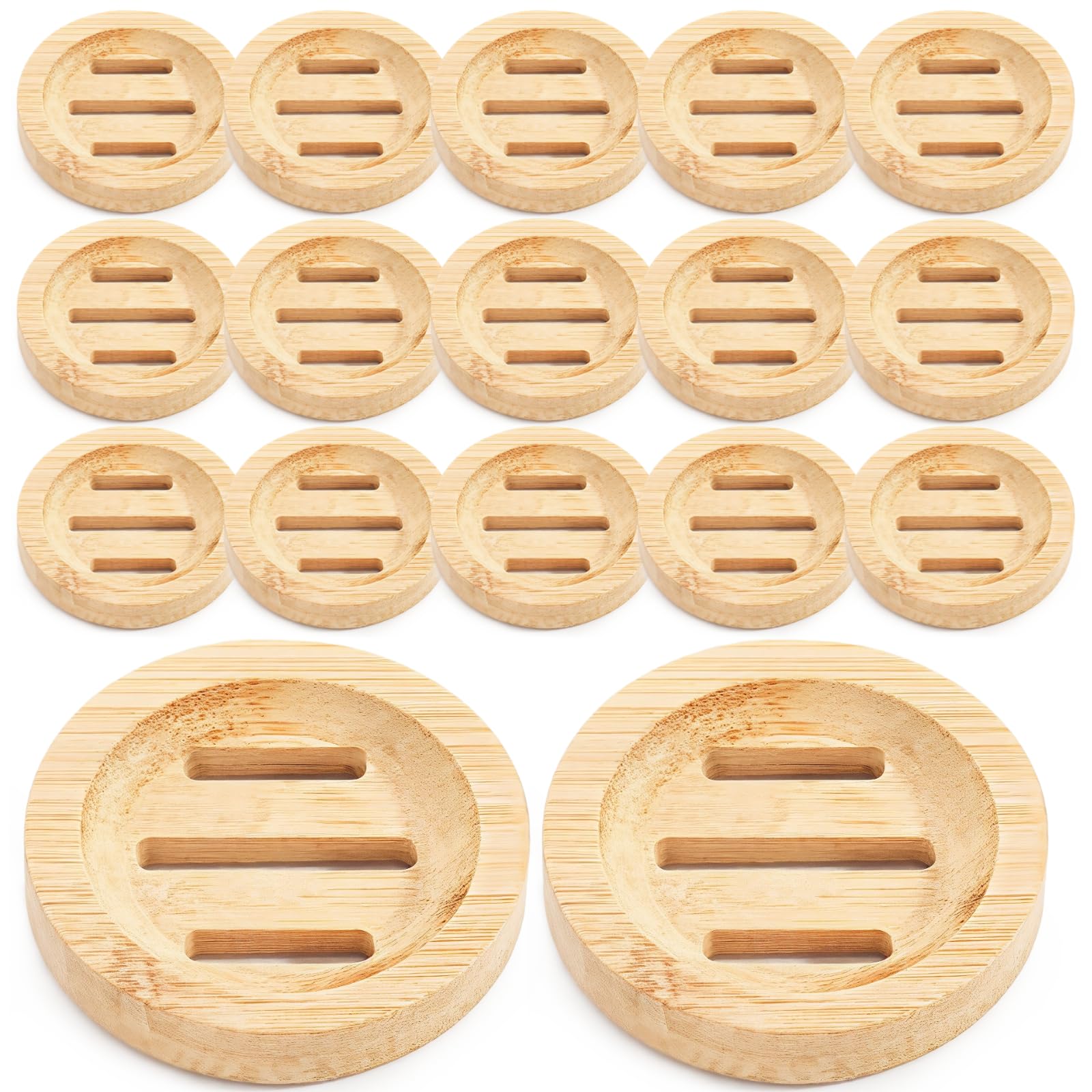 24PCS Bamboo Soap Dishes,3.2 in Round Wooden Soap Holder with Drainage Slots, Waterproof Lacquered Soap Bar Tray for Bathroom Shower