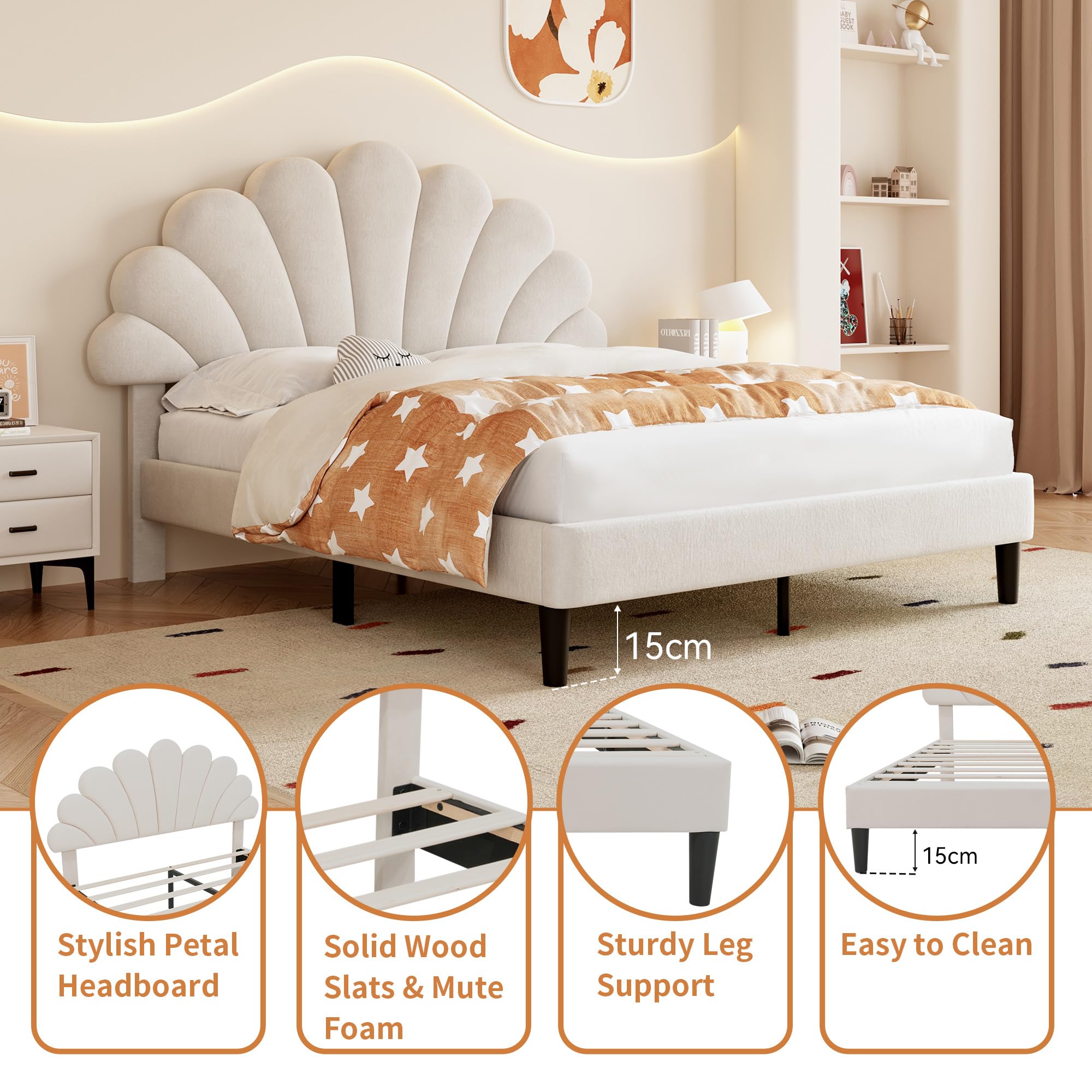 Ball & Cast Double bed frame, 4ft6 Double Upholstered Bed, Adjustable Chic Petal Headboard, Sturdy Wooden Slat Support, Velvet Fabric (No Mattress)