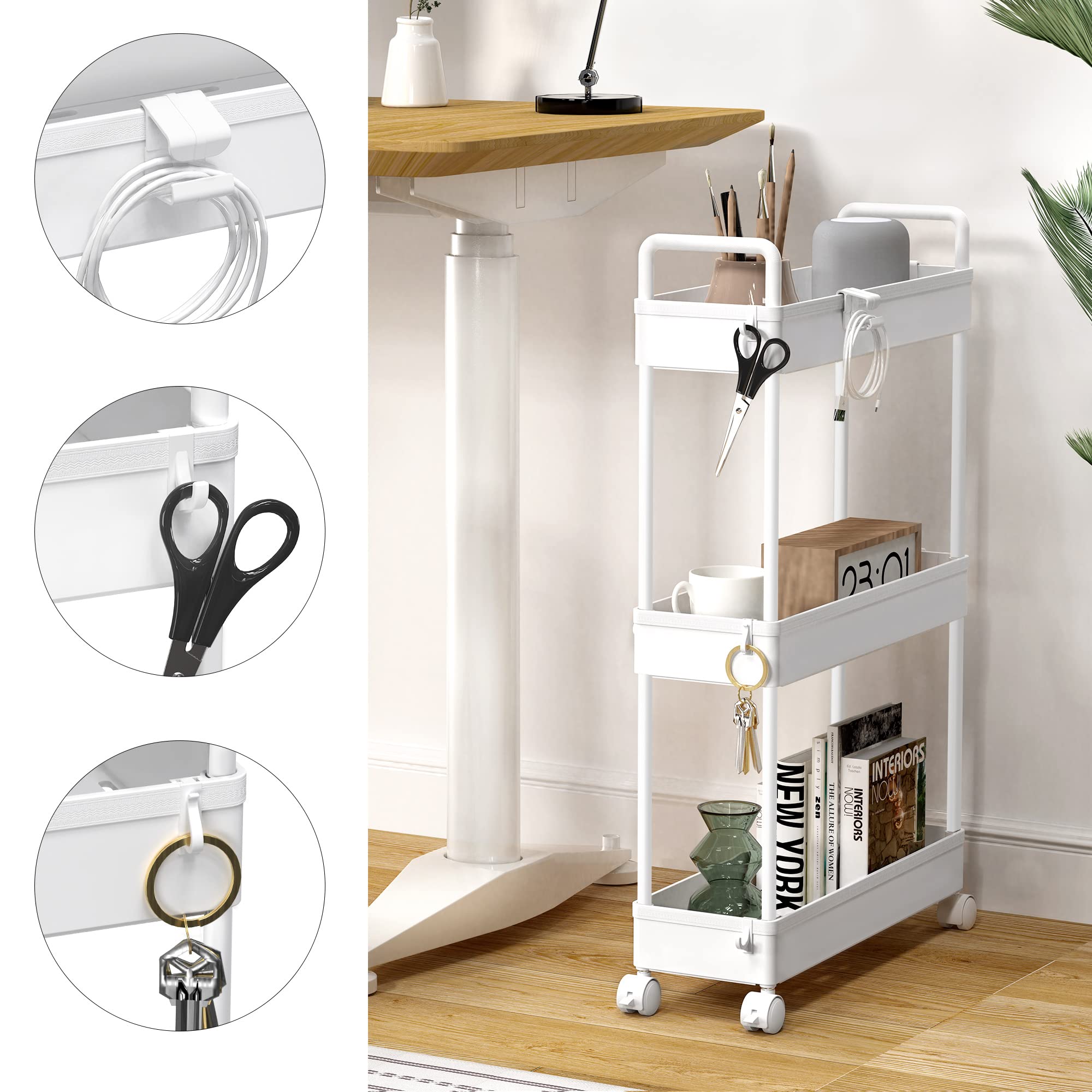 SOLEJAZZ Rolling Trolley, Kitchen Trolley with 3 Levels, Narrow Rolling Trolley, Recess Shelf on Wheels for Kitchen, Bathroom, Laundry Room
