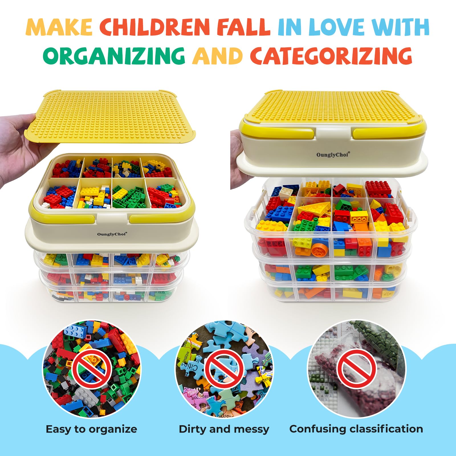 OunglyChoi Storage Boxes with Lids for Lego Cube 4-Layers Stackable Blocks Organizing Box with Handle Clear Compartment Container for Kids Toy