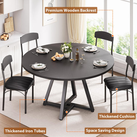 Jocoevol Round Dining Table and 4 Chairs Set of 4, Circle Dinner Table with Metal Frame, Space Saving Wood Industrial Furniture (Black, 42 inch)