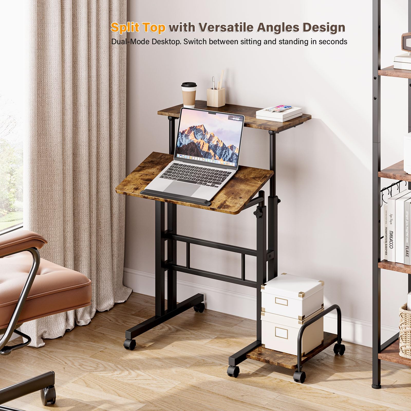 Dripex Standing Desk, Height Adjustable Rolling Desk with Tilting Table Top, Sit-Stand Workstation with Wheels, 60 x 60 cm, laptop Table