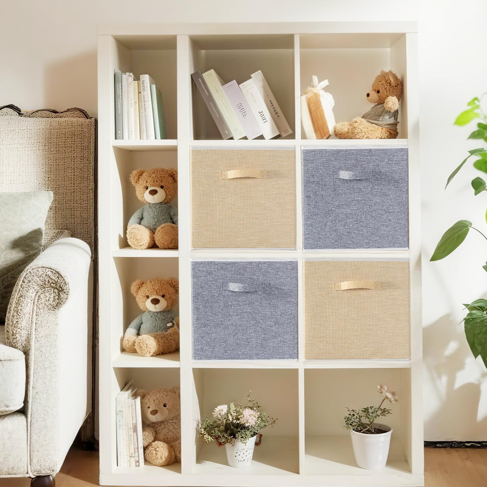 BrilliantJo Storage Box for cube, Set of 4 Organiser Basket Bin Drawers Containers with Handles for Storage Cube Unit, 33L x 38W x 33H cm Grey+Apricot