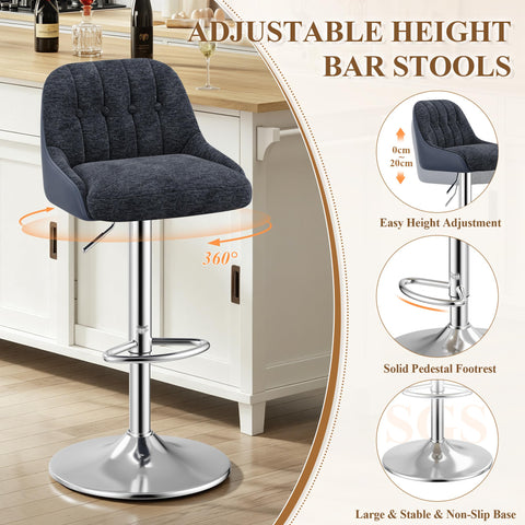 Adjustable Bar Stools Set of 4, Swivel Counter Stools with Backrest, Chenille & Faux Leather Upholstered Bar Chairs