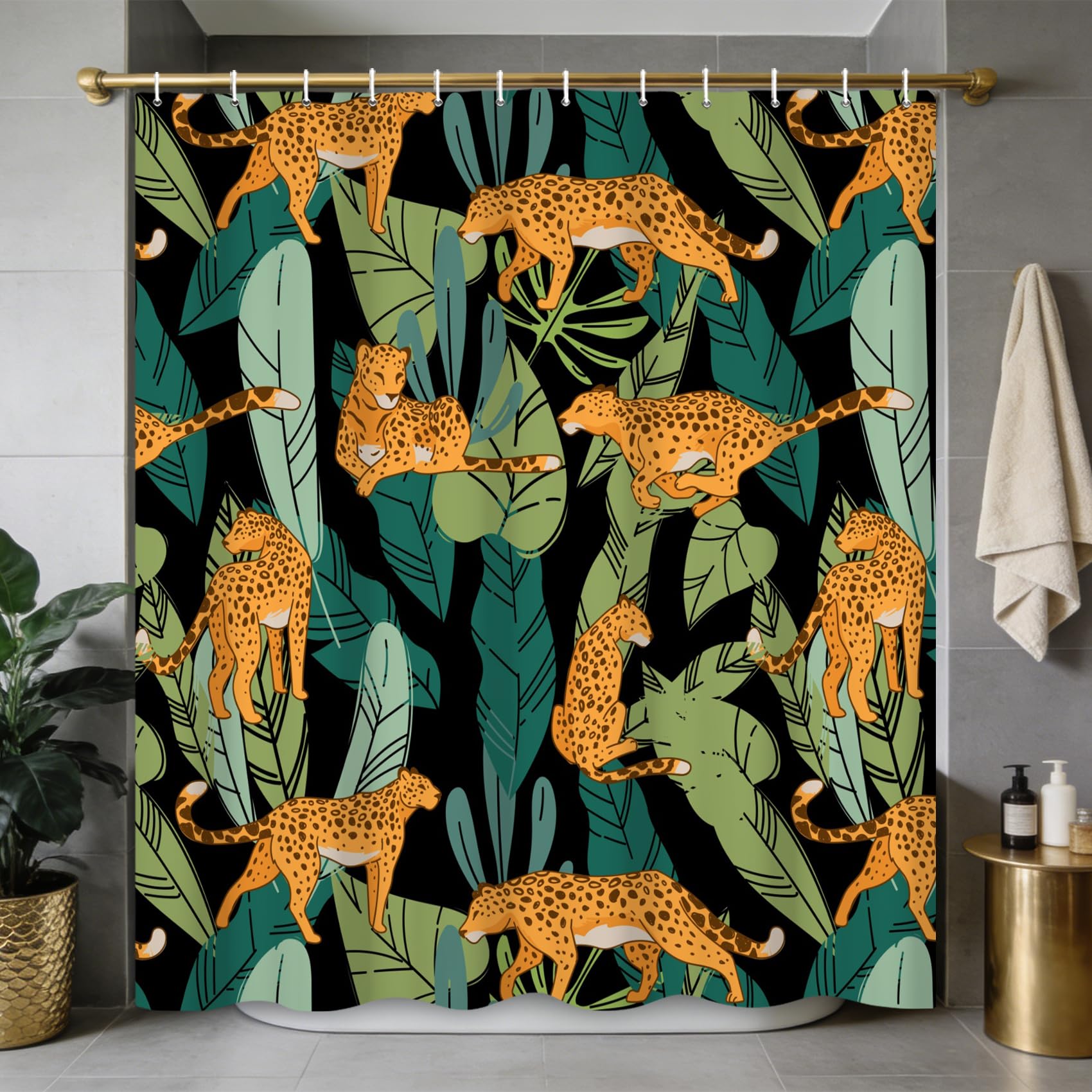 Ttincceer 180x200cm Jungle Leopard Shower Curtain Safari Wildlife Animal Tropical Palm Leaves Bathroom Decorative Water Resistent Boho Modern Nature