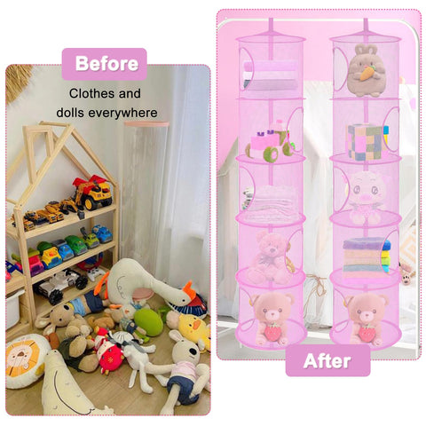 ZYETGH 5 Tier Hanging Mesh Storage Basket, 2 PCS Hanging Teddy Storage Net Foldable Soft Toy Storage Hanging Mesh Basket for Cuddly Toys Clothes