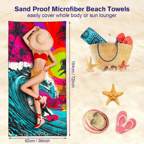 Violetpos Neon Surfer Beach Towel, Extra Large 180x90 cm 250GSM Microfibre, Sand Free Quick Dry