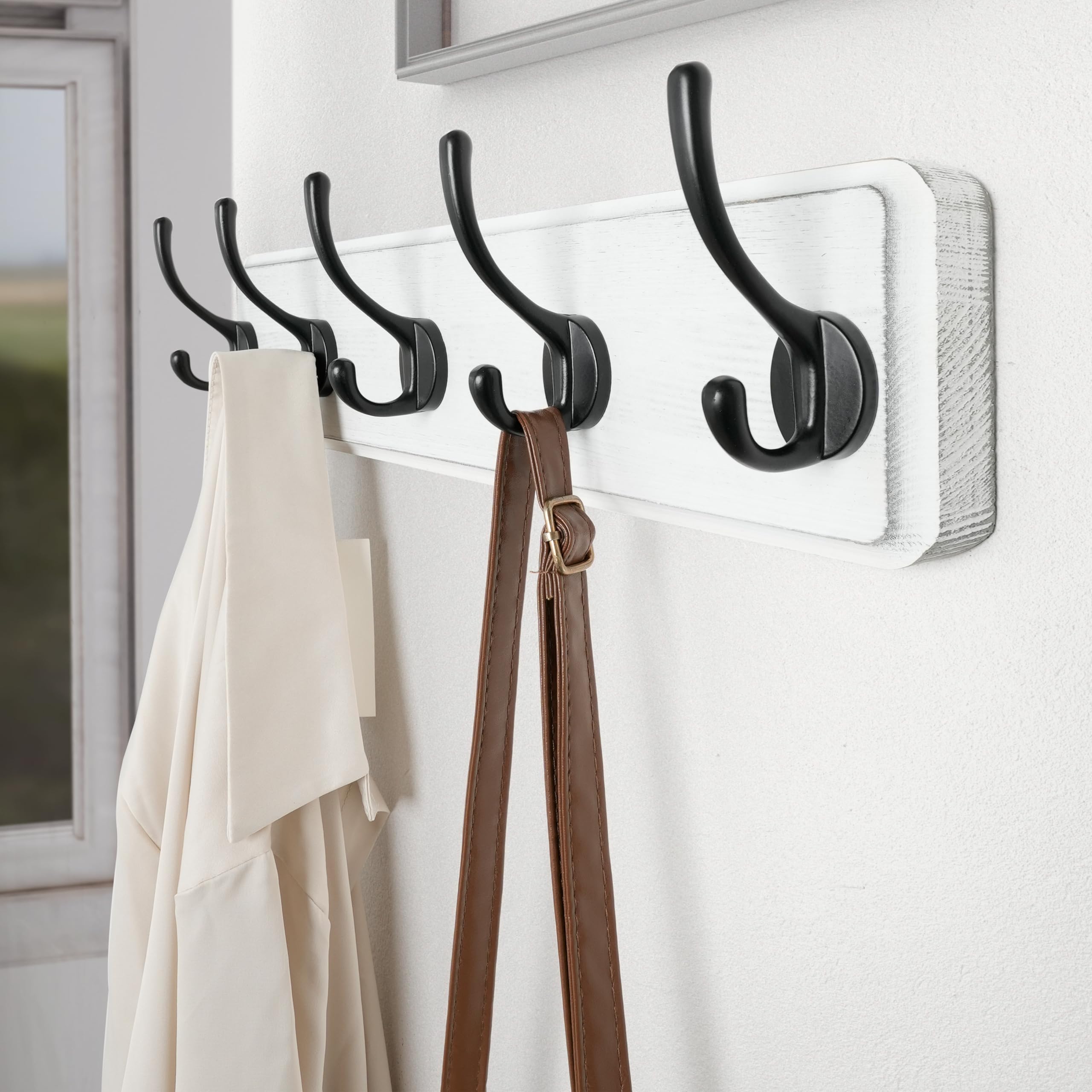 SKOLOO Farmhouse Style Wall Mounted Coat Rack, Pine Solid Wood Coat Hook Hanger - 5 Hooks for Hanging Clothes Robes Towels Coats