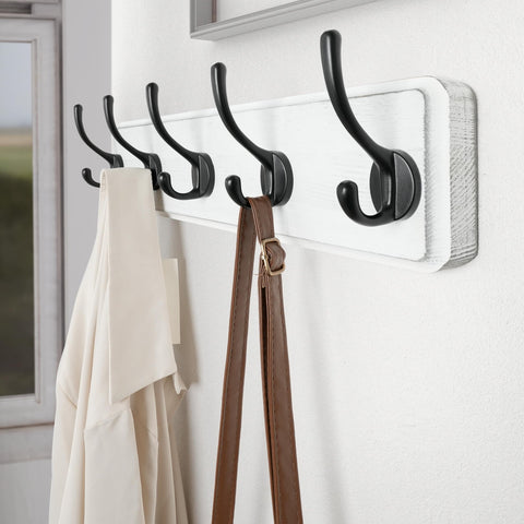 SKOLOO Farmhouse Style Wall Mounted Coat Rack, Pine Solid Wood Coat Hook Hanger - 5 Hooks for Hanging Clothes Robes Towels Coats