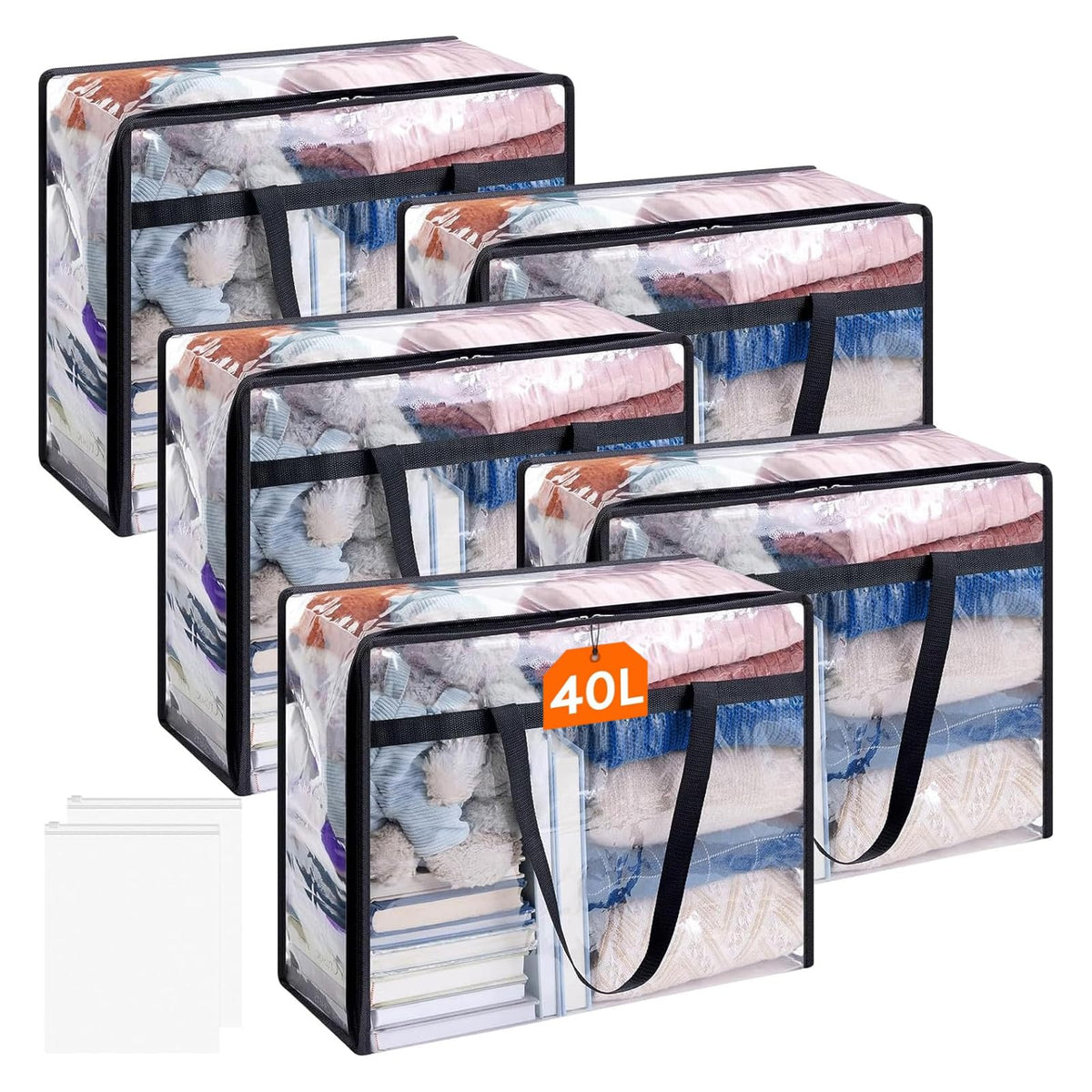 5 Pack Clear Plastic Storage Bags, 40L Foldable Clothes Storage Bags with Zips Laundry Packing Bags with Reinforced Handle Bedding Moving Bags