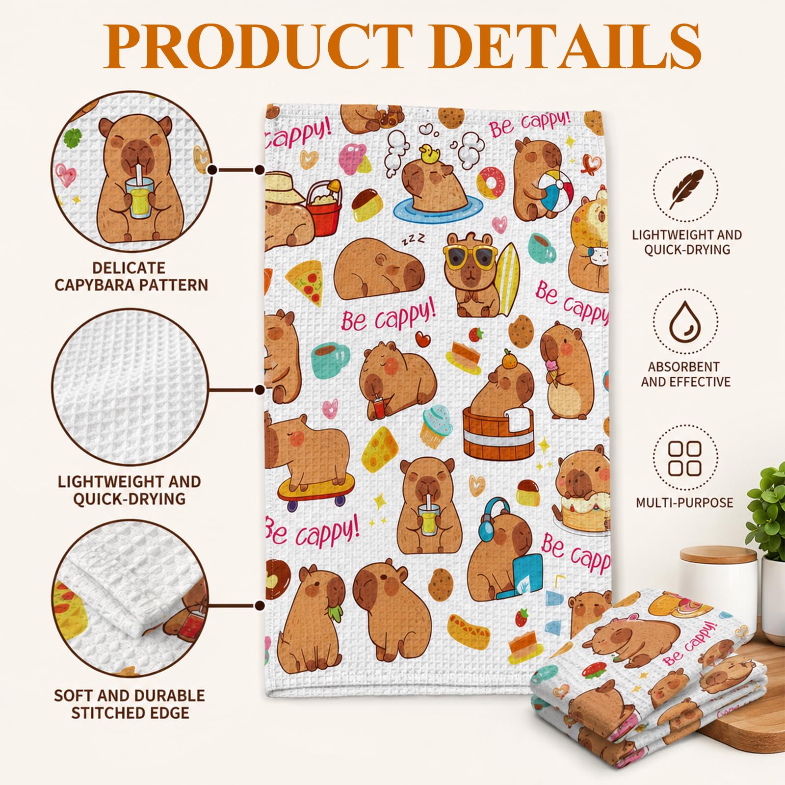 Vexilon 2 Pcs Capybara Kitchen Towels, Soft Absorbent Waffle Dish Cloths